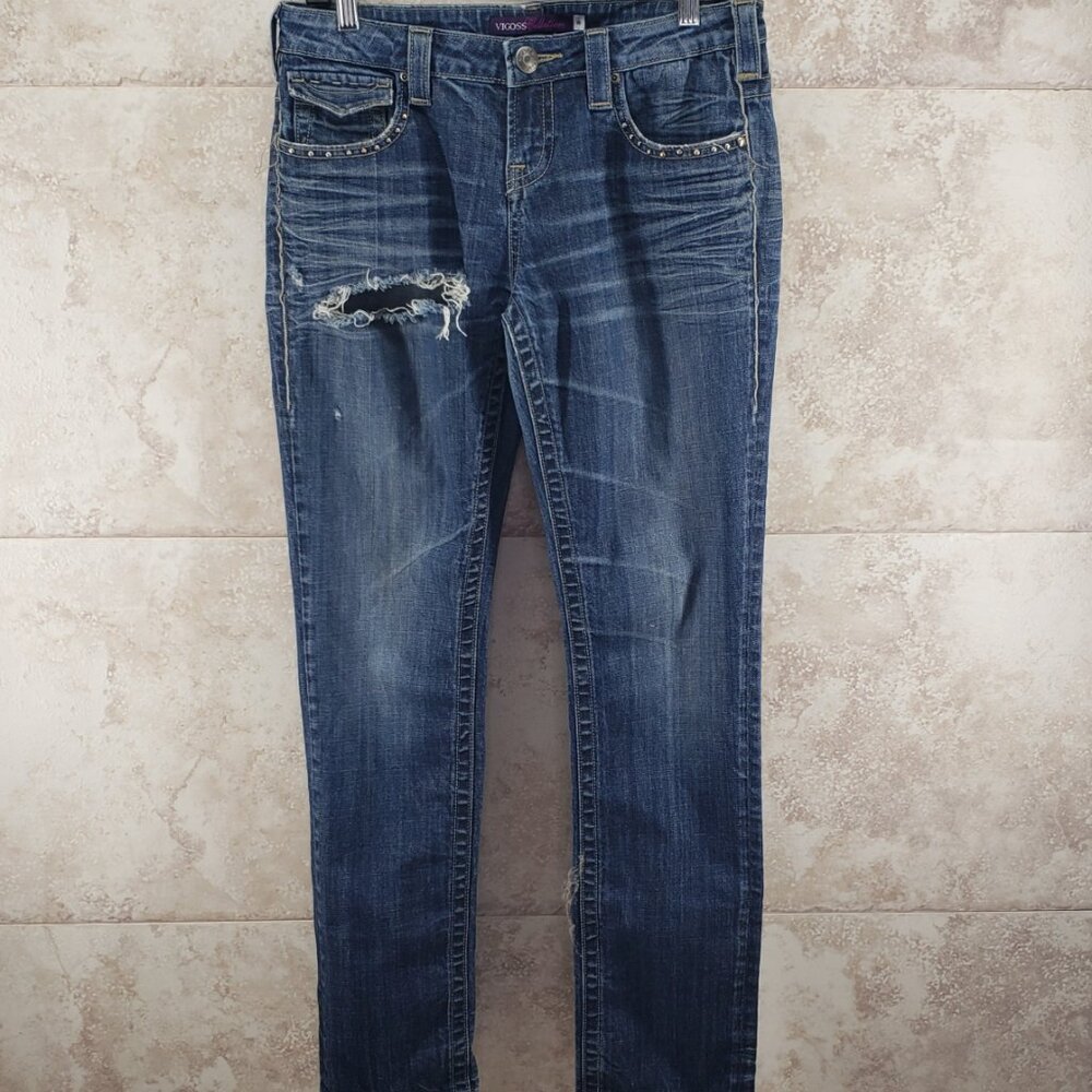 Distressed Embellished Holey Low Rise Straight Leg Jeans Vigoss Collection Sz 9